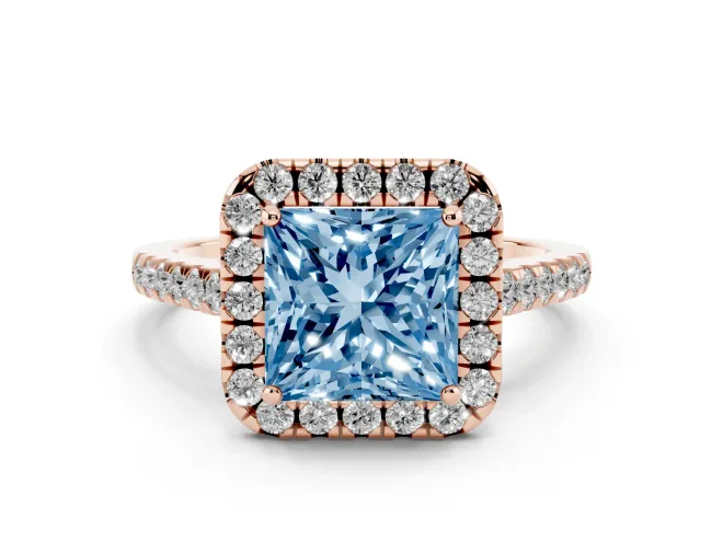 Fancy Blue Princess Cut Diamond Halo Pavé Engagement Ring Set in Rose gold with Prong Setting