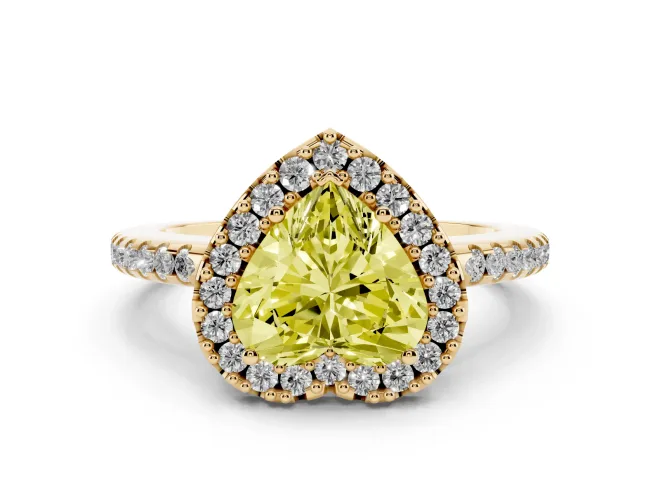 Heart-Shaped Pavé Halo Engagement Ring Setting for a Fancy Yellow Lab-Grown Diamond | Pavé Band | Yellow Gold
