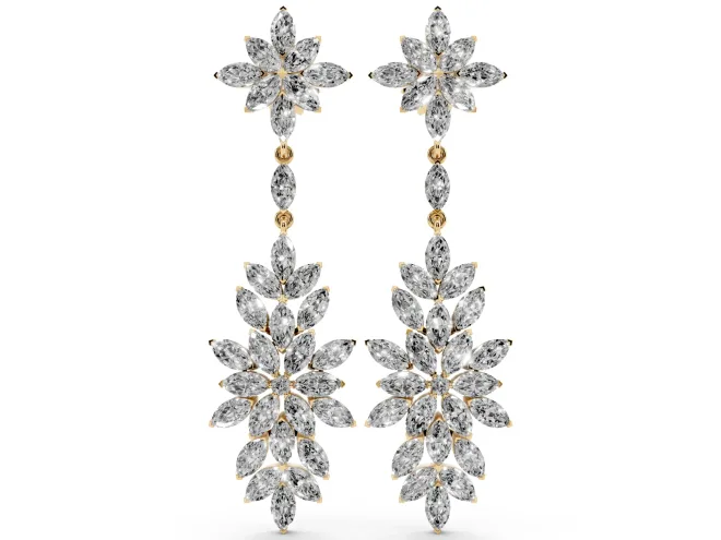 Marquise Lab-Grown Diamond Floral Cluster Drop Earrings | Flower Top and Spray | Yellow Gold