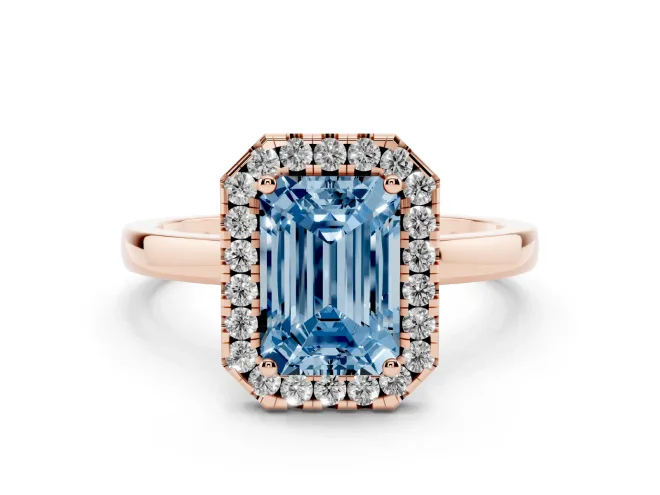 Emerald Cut Thin Halo Engagement Ring Setting for a Fancy Blue Lab-Grown Diamond | Plain Polished Band | Rose Gold