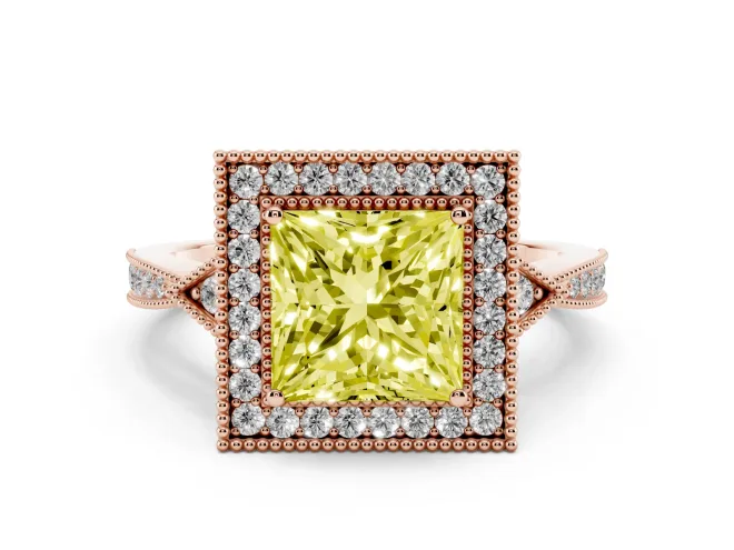 Princess Cut Milgrain Halo Engagement Ring Setting for a Fancy Yellow Lab-Grown Diamond | Graduated Pavé | Rose Gold