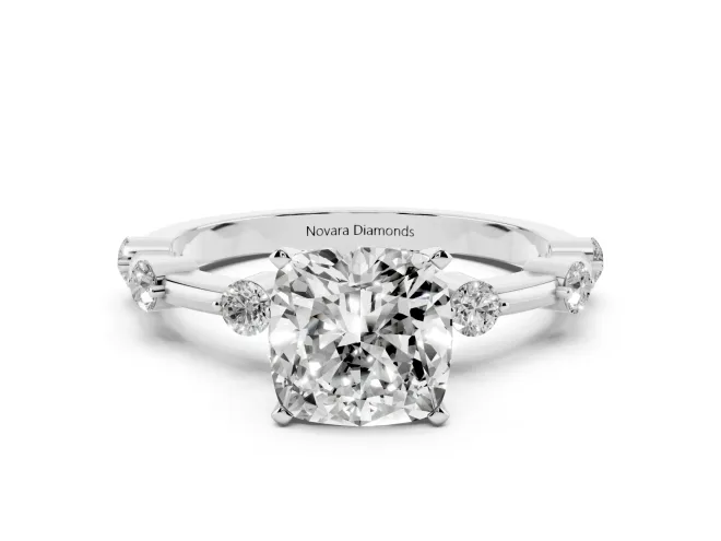 Cushion Cut Diamond Solitaire Ring Set in White gold with Bezel Set Side Stones and Prong Setting