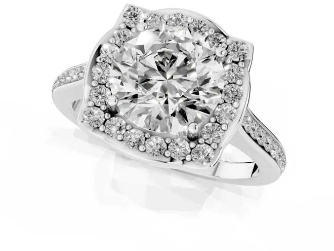 Round Cut Diamond Halo Ring Set in Silver with Pavé-Lined Shoulders and Prong Setting – second view