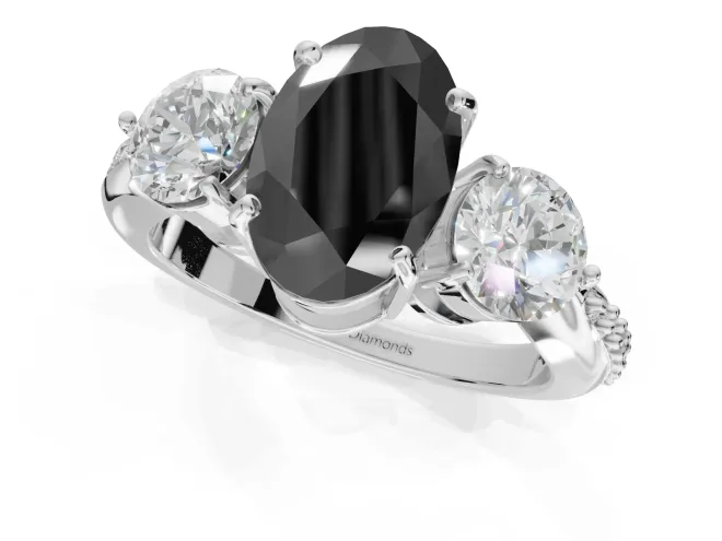 Fancy Black Oval Lab-Grown Diamond Three-Stone Ring Set in Sterling Silver with Channel-Set Band and Prong Setting – second view