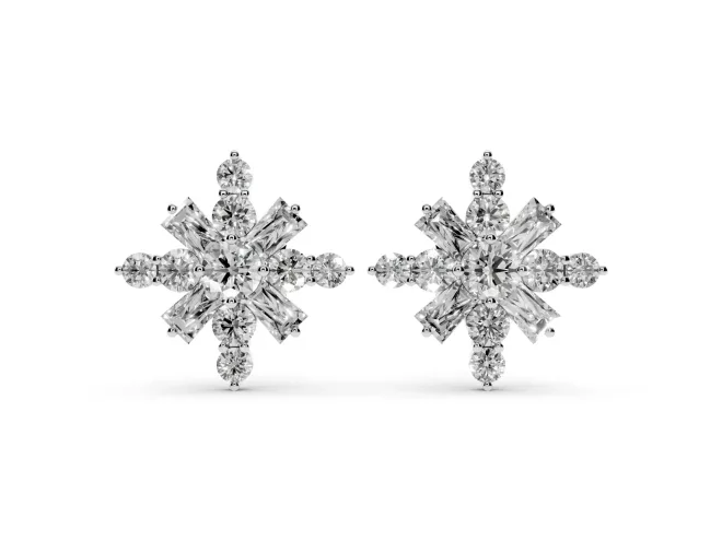 Round Lab-Grown Diamond Snowflake Cluster Stud Earrings | Tapered Baguette Points | White Gold