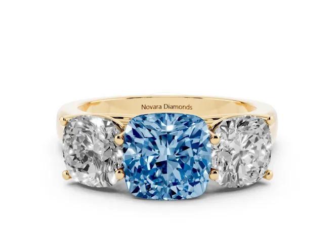 Cushion Cut Three Stone Engagement Ring Setting for a Fancy Blue Lab-Grown Diamond | Basket Prong Heads | Yellow Gold