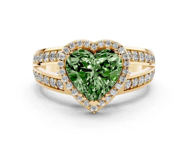 Fancy Green Heart Cut Diamond Halo Ring Set in Yellow gold with Double Pavé Split Shank