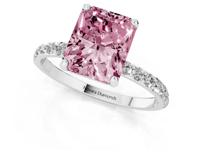 Fancy Pink Radiant Cut Diamond Solitaire Ring Set in White gold with Round Pavé Band and Prong Setting – second view