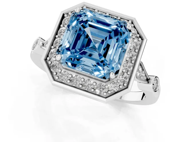 Fancy Blue Asscher Cut Diamond Halo Engagement Ring Set in Platinum with Twisted Band and Prong Setting – second view