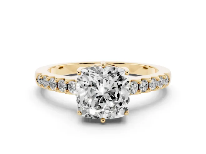 Cushion Cut Hidden Halo Solitaire Engagement Ring Setting | Shared Prong Band | Yellow Gold