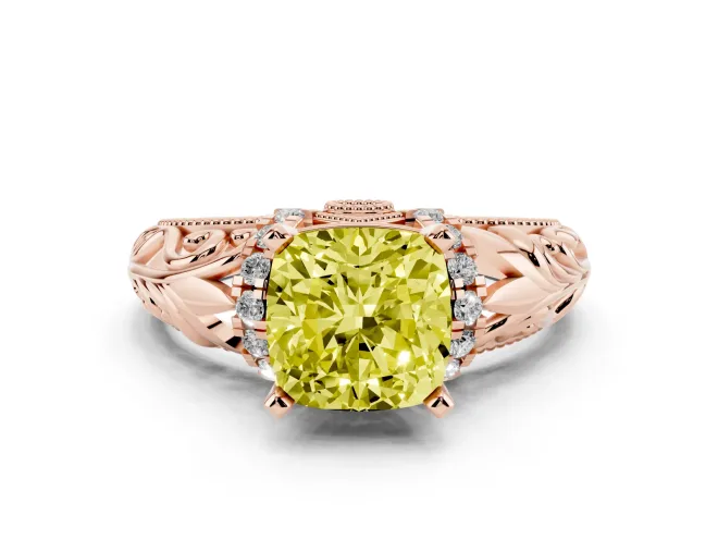 Cushion Cut Filigree Engagement Ring Setting for a Fancy Yellow Lab-Grown Diamond | Rose Gold