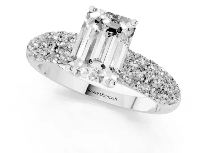 Emerald Cut Diamond Pavé Band Solitaire Ring Set in White gold with Close-Set Accent Stones and Prong Setting – second view