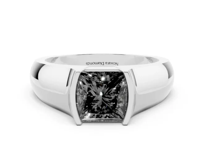 Fancy Black Princess Cut Diamond Bezel Solitaire Ring Set in Silver with Wide Band