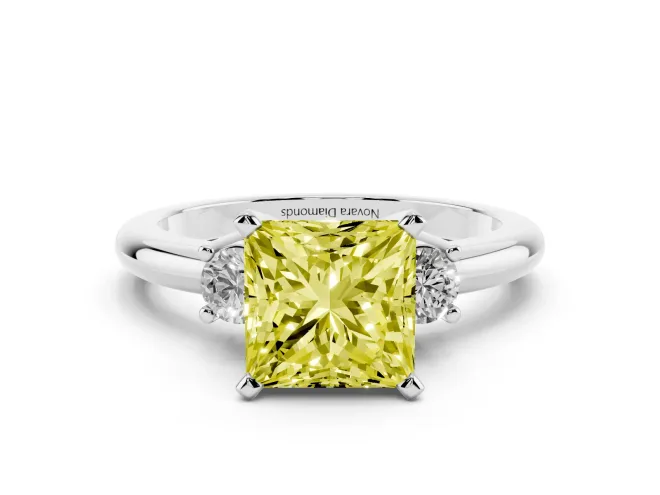 Princess Cut Three Stone Engagement Ring Setting for a Fancy Yellow Lab-Grown Diamond | Round Side Stones | Platinum