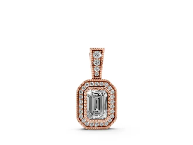 Emerald Cut Lab-Grown Diamond Pavé Halo Pendant Necklace | Graduated Pavé Bail | Rose Gold