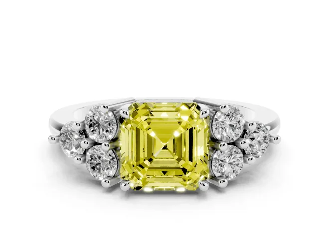 Fancy Yellow Asscher Cut Diamond Solitaire Ring Set in Silver with Cluster Accents on Each Side