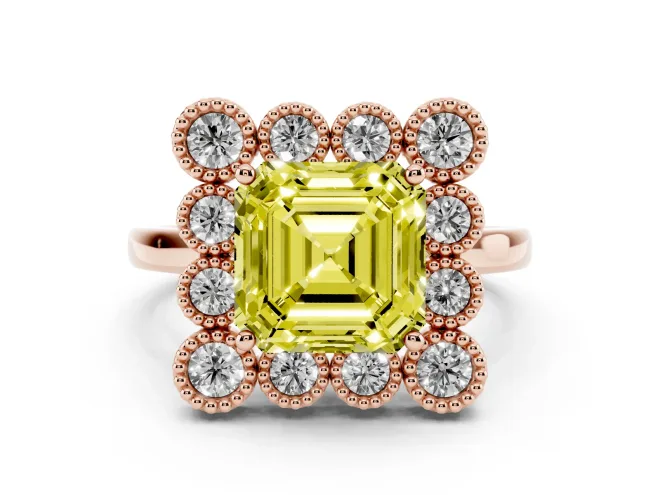Asscher Cut Milgrain Cluster Halo Engagement Ring Setting for a Fancy Yellow Lab-Grown Diamond | Plain Band | Rose Gold