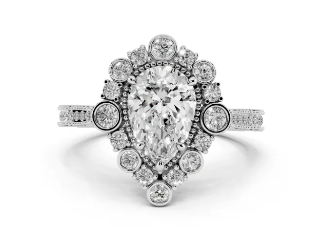 Pear Cut Diamond Halo Milgrain Pavé Ring Set in White gold with Prong Setting