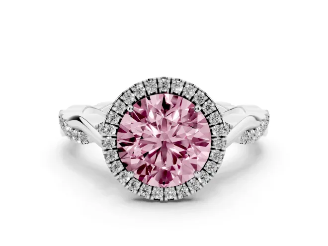 Round Halo Engagement Ring Setting for a Fancy Pink Lab-Grown Diamond | Pavé Twist Band | White Gold