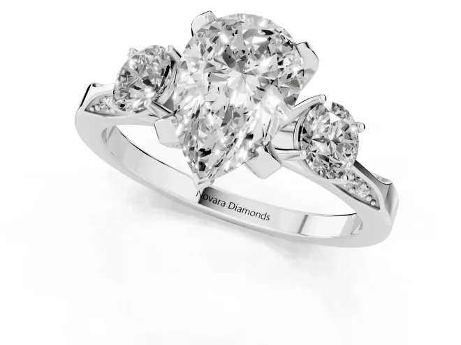 Pear Cut Diamond Three-Stone Ring Set in Silver with Pavé Band and Smaller Side Stones – second view