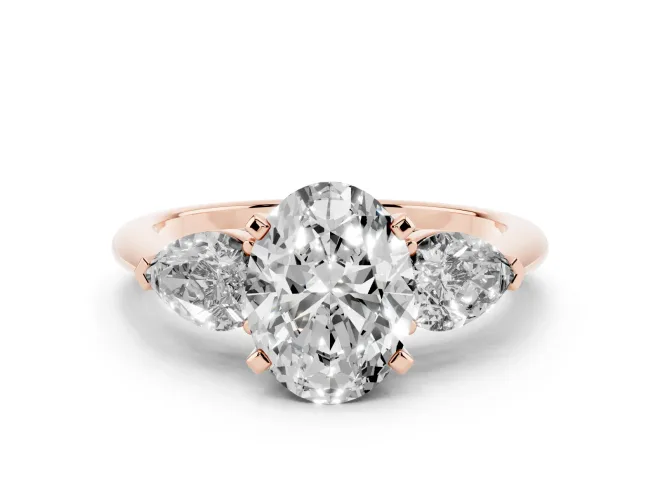 Oval Three-Stone Engagement Ring Setting | Pear Side Stones | Rose Gold