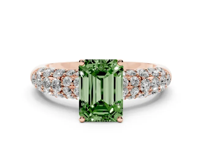 Emerald Cut Multi Row Pavé Engagement Ring Setting for a Fancy Green Lab-Grown Diamond | Rose Gold