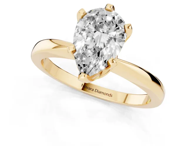 Pear Cut Diamond Solitaire Engagement Ring Set in Yellow gold with Slim Tapered Solitaire Band – second view