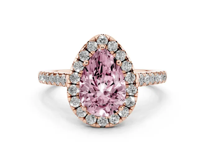 Fancy Pink Pear Cut Diamond Halo Pavé Engagement Ring Set in Rose gold with Prong Setting