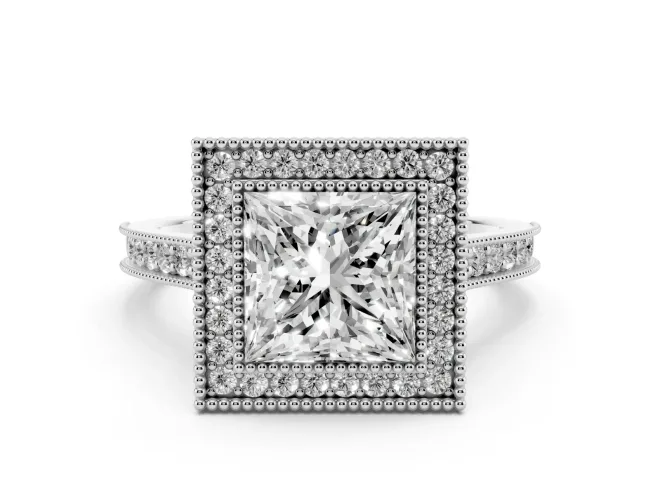 Princess Cut Vintage Milgrain Halo Engagement Ring Setting | Bezel Head | Platinum
