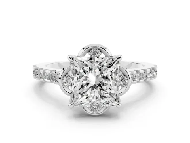 Princess Cut Floral Petal Engagement Ring Setting | Petal Accents | White Gold