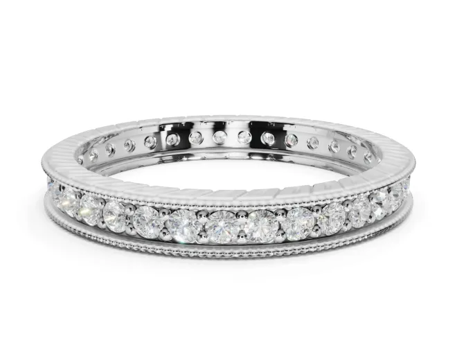 Round Lab-Grown Diamond Milgrain Pavé Eternity Band | Carved Side Walls | White Gold