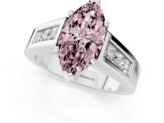 Fancy Pink Marquise Cut Diamond Solitaire Ring Set in Platinum with Channel-Set Accent Stones and Prong Setting – second view