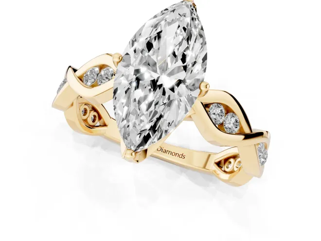 Marquise Cut Diamond Twist Band Solitaire Ring Set in Yellow gold with Leaf Prong Setting and Accent Stones – second view