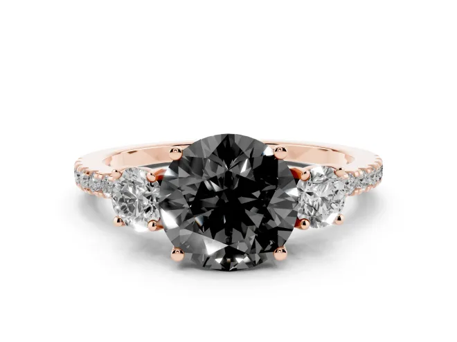 Round Three Stone Engagement Ring Setting for a Black Center | Pavé Shoulders | Rose Gold