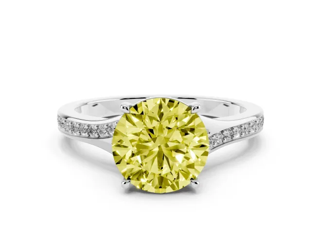 Fancy Yellow Round Cut Diamond Solitaire Ring Set in Silver with Pavé Accent Band and Classic Prong Setting