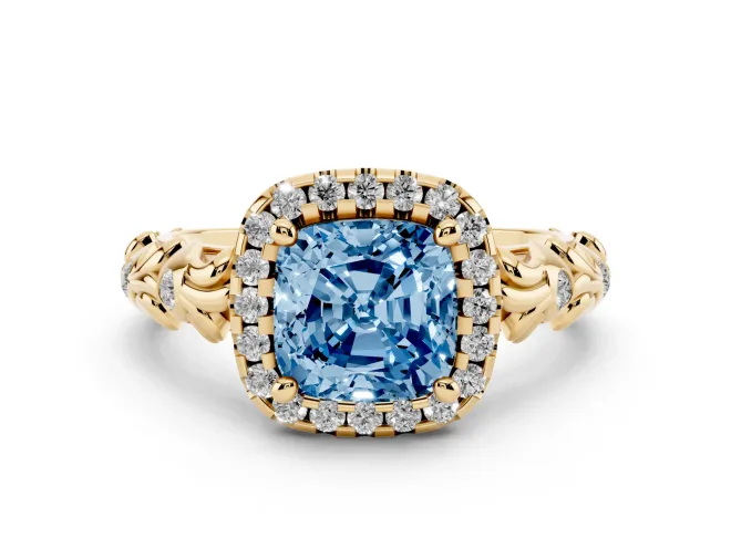 Fancy Blue Cushion Cut Diamond Halo Ring Set in Yellow gold with Filigree Leaf Band and Prong Setting
