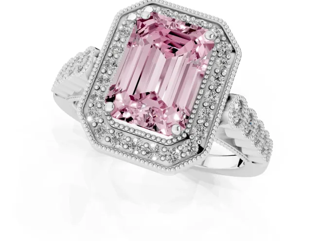 Fancy Pink Emerald Cut Diamond Milgrain Halo Solitaire Ring Set in Platinum with Bezel Set Side Stones and Pavé Band – second view