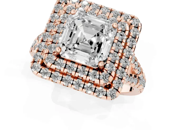 Asscher Cut Diamond Double Halo Ring Set in Rose gold with Pavé Split Shank and Prong Setting – second view