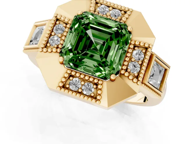 Fancy Green Asscher Cut Diamond Milgrain Halo Ring Set in Yellow gold with Split Shank – second view