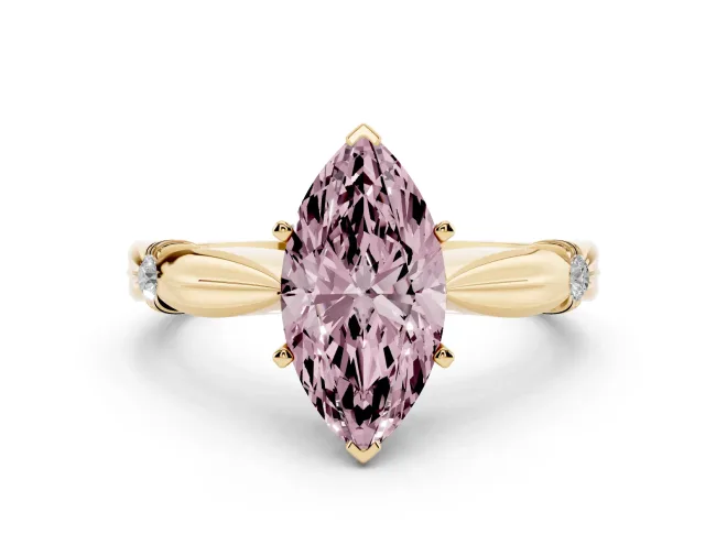 Fancy Pink Marquise Cut Diamond Solitaire Twisted Band Ring Set in Yellow gold with Accent Stones and Prong Setting