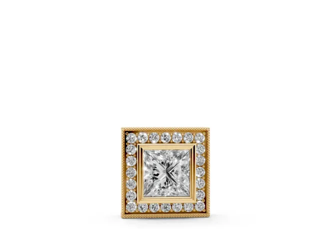 Princess Cut Lab-Grown Diamond Bezel Halo Pendant Necklace | Milgrain Edge | Yellow Gold
