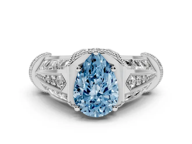 Fancy Blue Pear Cut Diamond Vintage-Inspired Milgrain Ring Set in White gold with Accent Split Shank