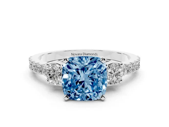 Cushion Cut Three Stone Engagement Ring Setting for a Fancy Blue Lab-Grown Diamond | Pavé Band | Sterling Silver
