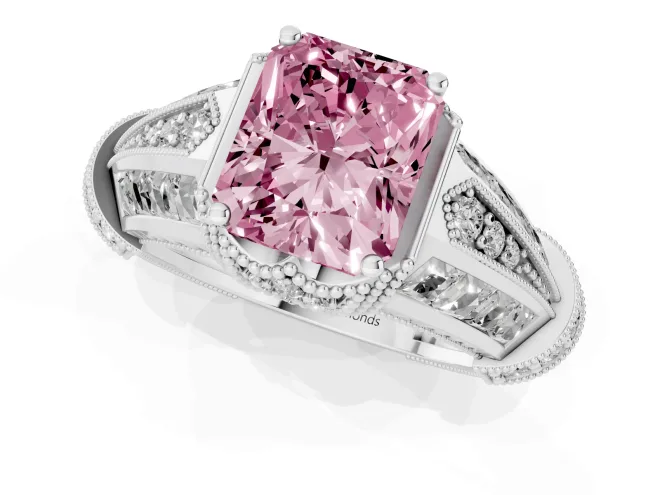Radiant Cut Vintage Milgrain Engagement Ring Setting for a Fancy Pink Lab-Grown Diamond | Hidden Halo | Sterling Silver – second view