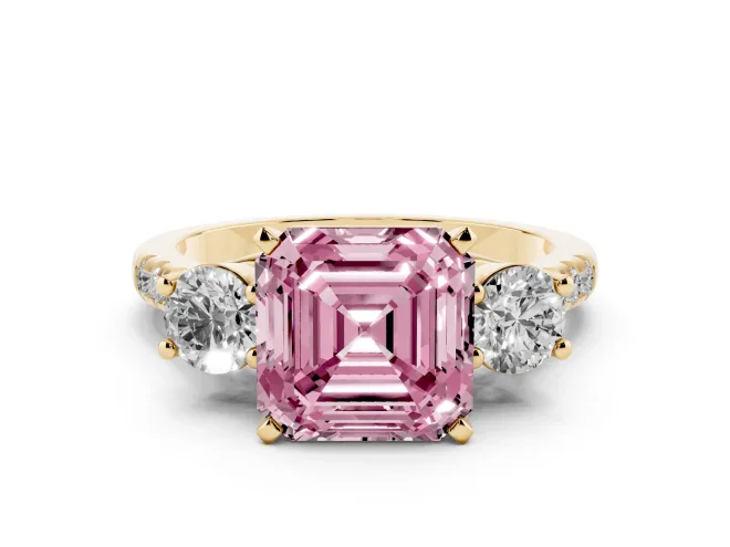 Asscher Cut Three-Stone Engagement Ring Setting for a Fancy Pink Lab-Grown Diamond | Yellow Gold