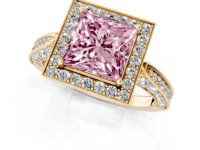 Fancy Pink Princess Cut Diamond Halo Engagement Ring Set in Yellow gold with Accent Split Shank Band – second view