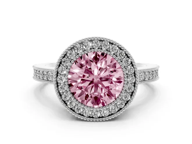 Fancy Pink Round Cut Diamond Halo Engagement Ring Set in Silver with Pavé Band and Round Halo Stones