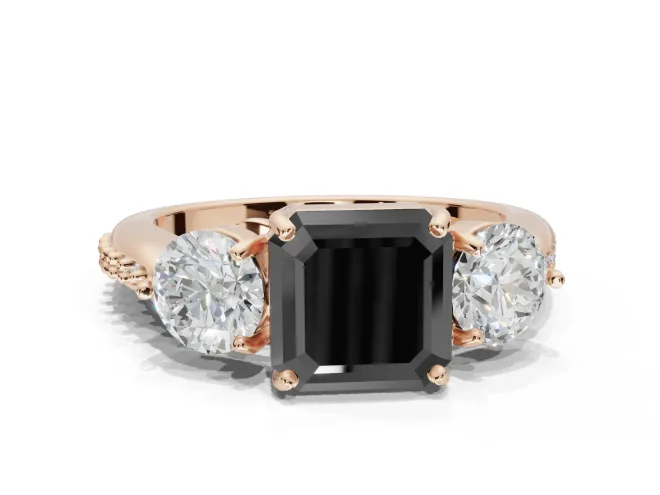 Asscher Cut Three Stone Engagement Ring Setting for a Black Center | Tapered Pavé Band | Rose Gold