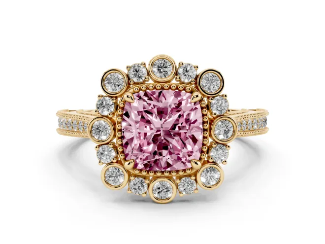 Cushion Cut Scalloped Halo Engagement Ring Setting for a Fancy Pink Lab-Grown Diamond | Milgrain Edges | Yellow Gold