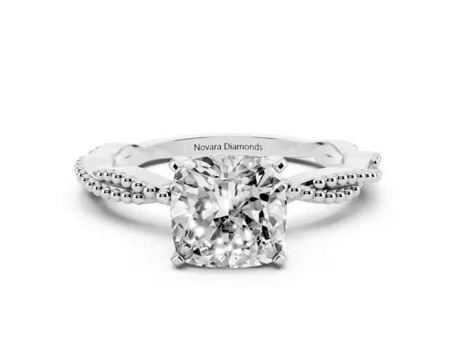 Cushion Cut Diamond Solitaire Ring Set in Platinum with Twisted Band and Bead Prong Setting